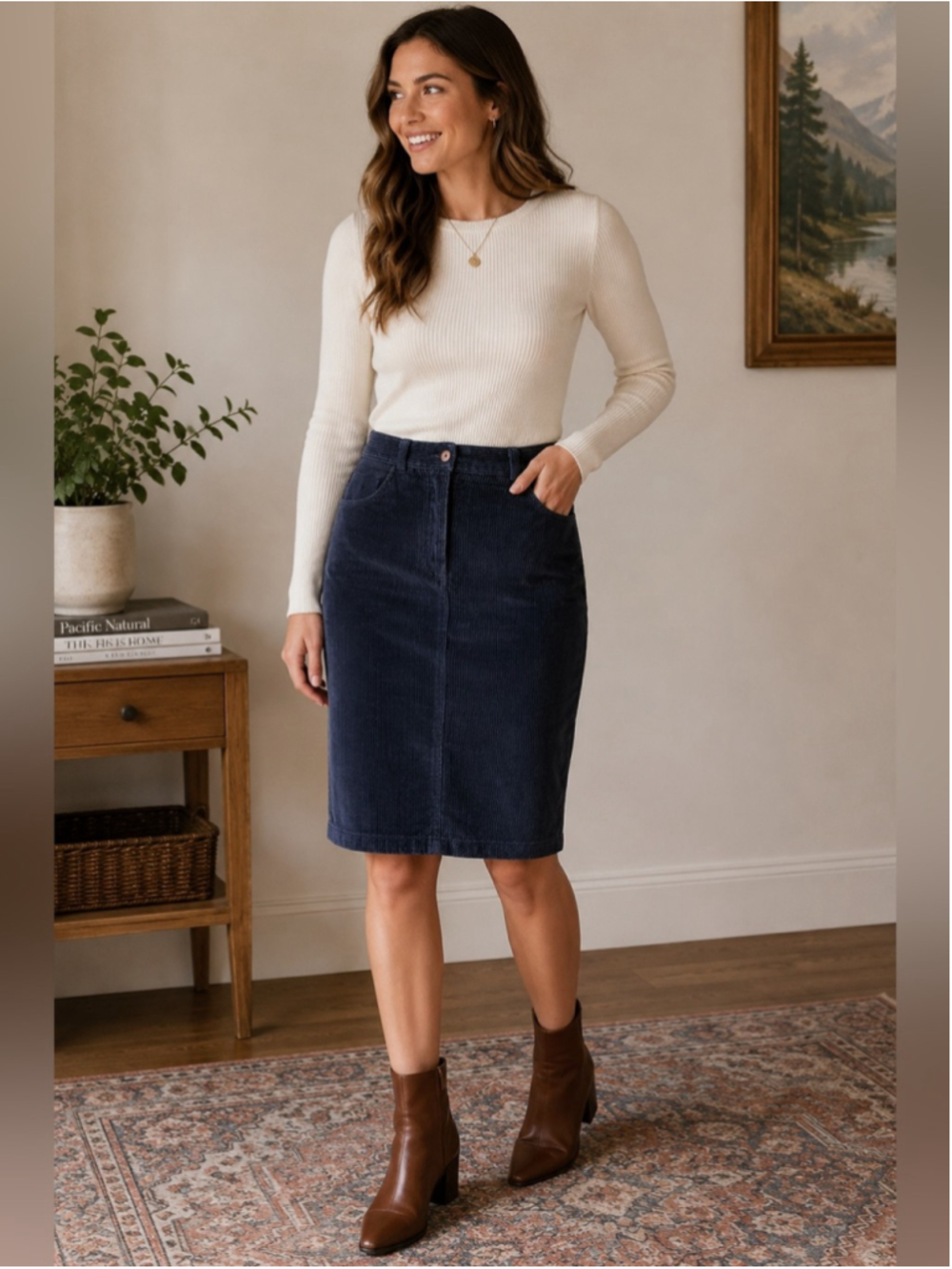Leigh Morgan Classic Navy Corduroy Pencil Skirt Size 8 Y2K 90s Preppy Fall